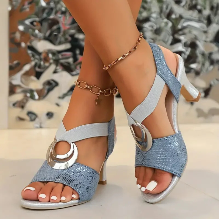 Sable | Women's Leather Metallic Buckle Kitten Heel Sandals