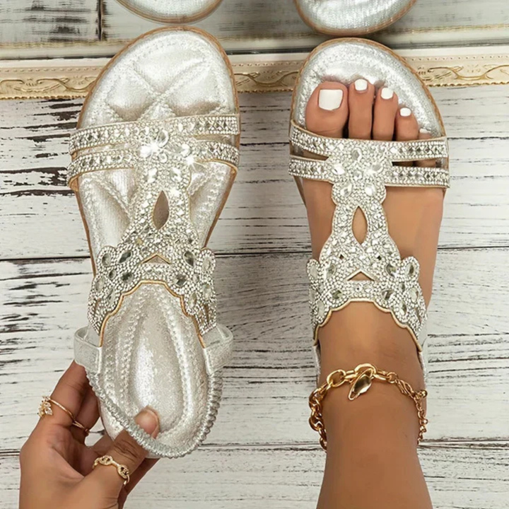Saffi | Women's Leather Rhinestone Embellished Flat Slingback Sandals