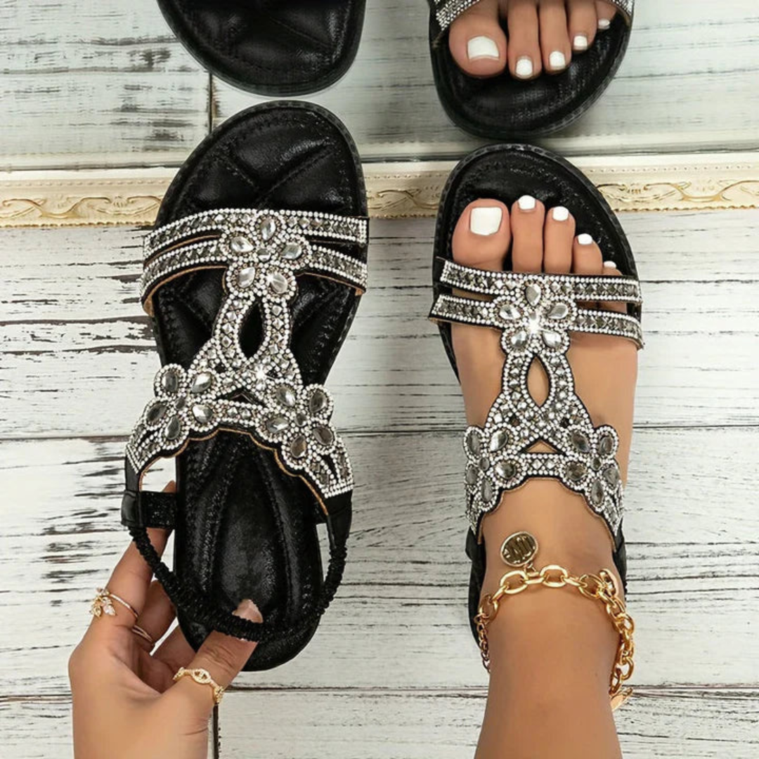 Saffi | Women's Leather Rhinestone Embellished Flat Slingback Sandals