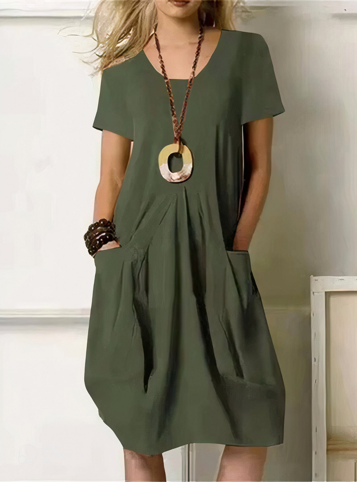 Saffron | Women's Linen Relaxed Tulip Hem Pocket Dress Casual