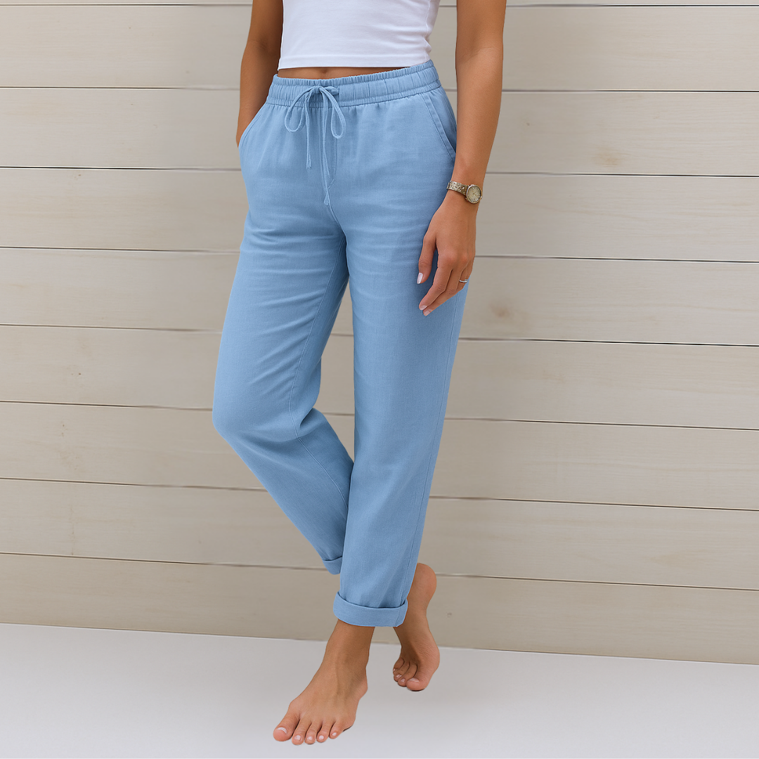 Sage | Women's Linen Drawstring Relaxed Straight-Leg Trousers