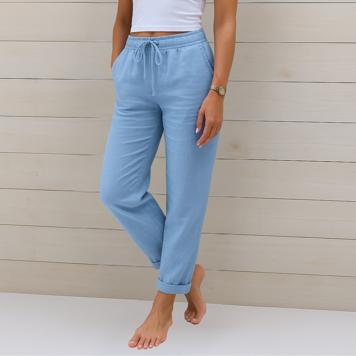 Sage | Women's Linen Drawstring Relaxed Straight-Leg Trousers