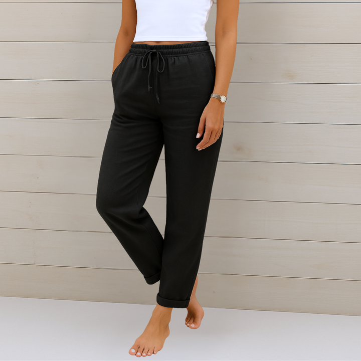 Sage | Women's Linen Drawstring Relaxed Straight-Leg Trousers