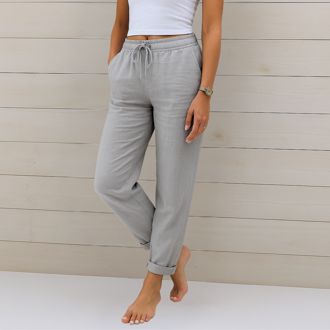 Sage | Women's Linen Drawstring Relaxed Straight-Leg Trousers