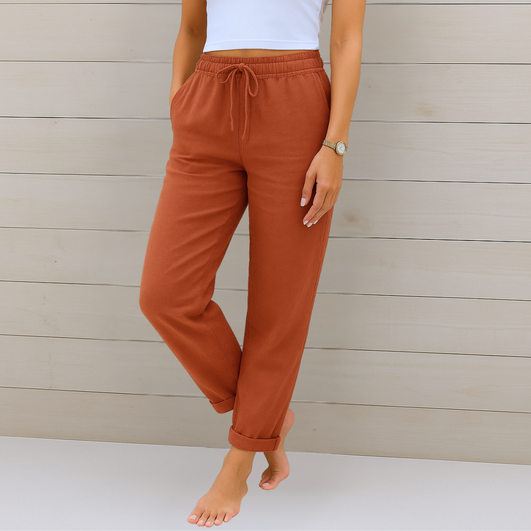 Sage | Women's Linen Drawstring Relaxed Straight-Leg Trousers
