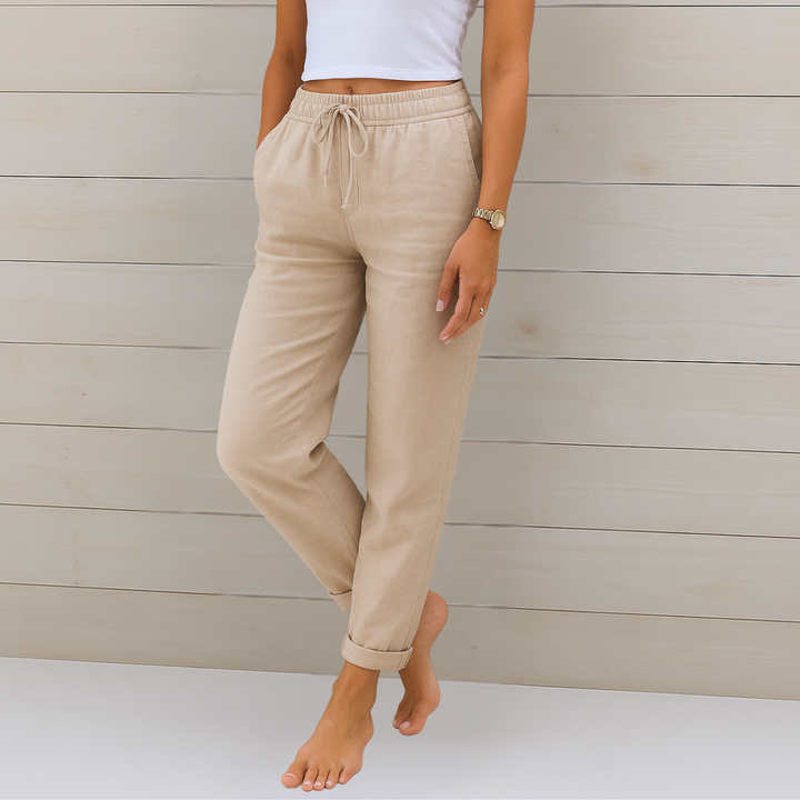 Sage | Women's Linen Drawstring Relaxed Straight-Leg Trousers