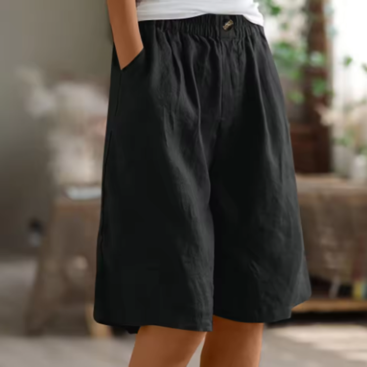 Sage | Women's Linen Elastic Waist Wide-Leg Bermuda Shorts