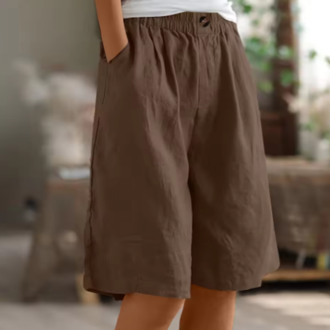 Sage | Women's Linen Elastic Waist Wide-Leg Bermuda Shorts