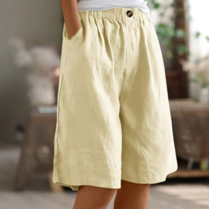 Sage | Women's Linen Elastic Waist Wide-Leg Bermuda Shorts