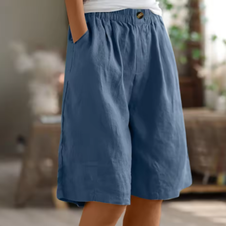 Sage | Women's Linen Elastic Waist Wide-Leg Bermuda Shorts