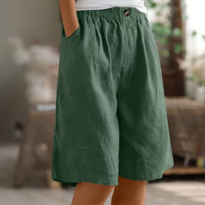 Sage | Women's Linen Elastic Waist Wide-Leg Bermuda Shorts
