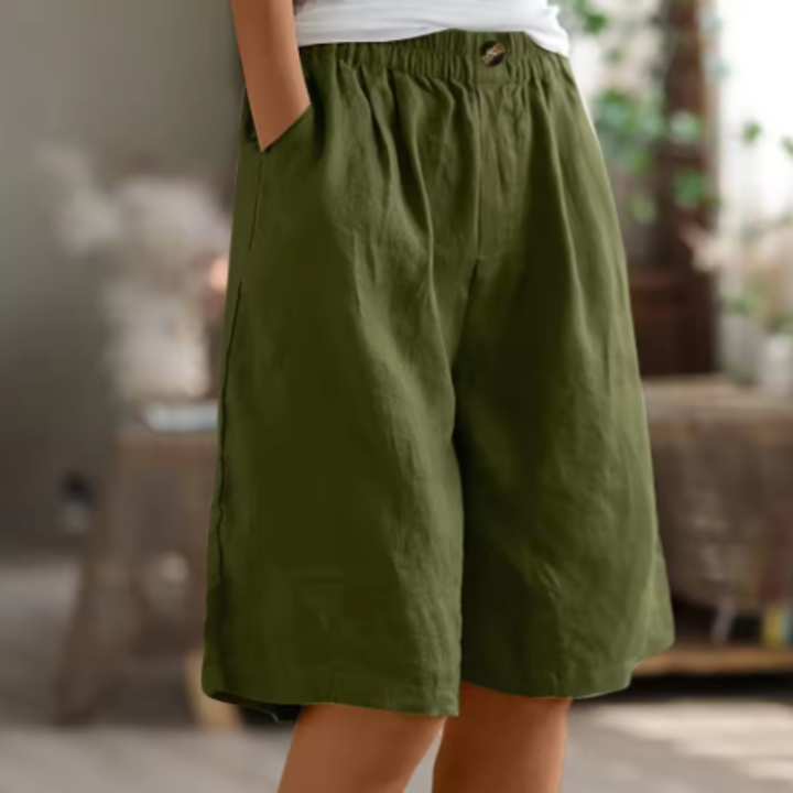 Sage | Women's Linen Elastic Waist Wide-Leg Bermuda Shorts