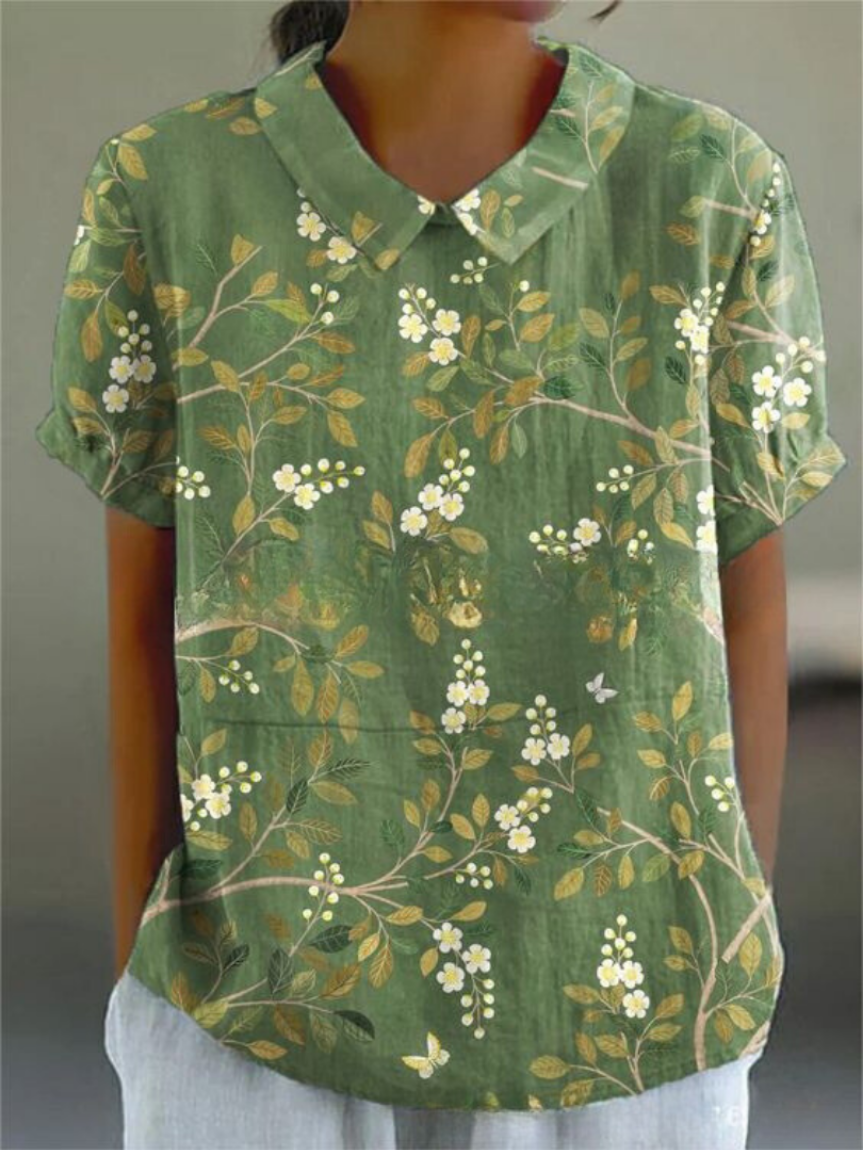 Sage | Women's Linen Embroidered Floral Collared Short Sleeve Top
