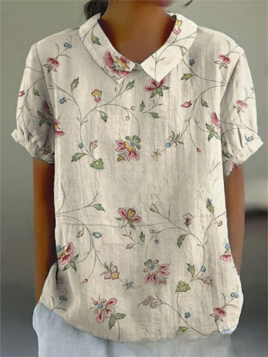 Sage | Women's Linen Embroidered Floral Collared Short Sleeve Top