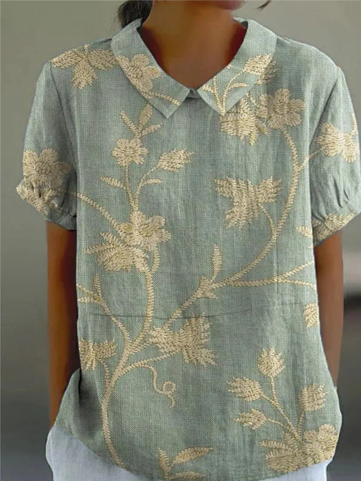 Sage | Women's Linen Embroidered Floral Collared Short Sleeve Top
