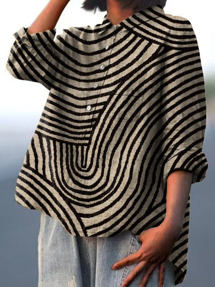 Sally | Women's Khaki Linen Abstract Print Button-Down Shirt
