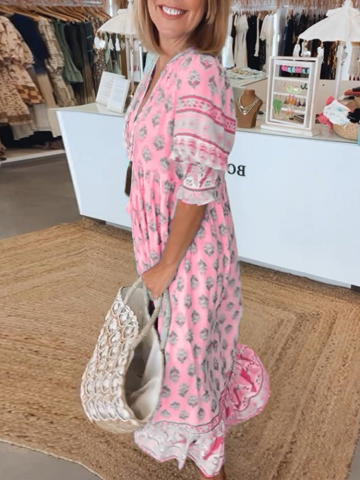 Sanne | Women's Cotton Boho Print V-neck Maxi Dress