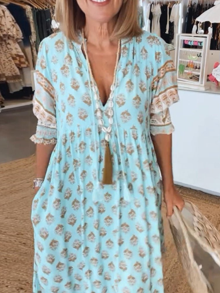 Sanne | Women's Cotton Boho Print V-neck Maxi Dress