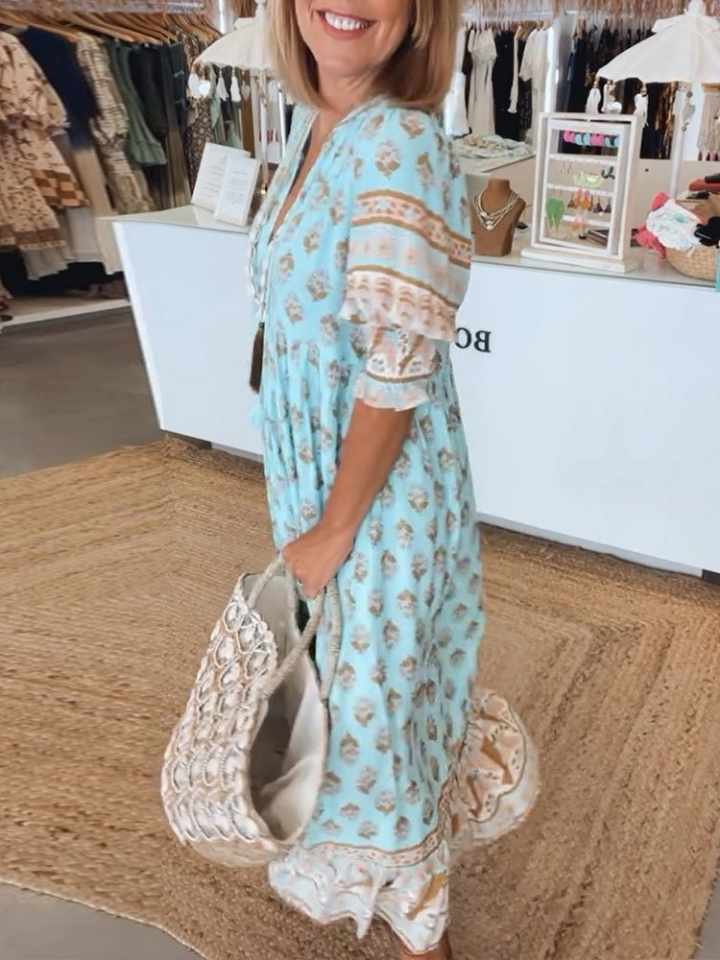 Sanne | Women's Cotton Boho Print V-neck Maxi Dress
