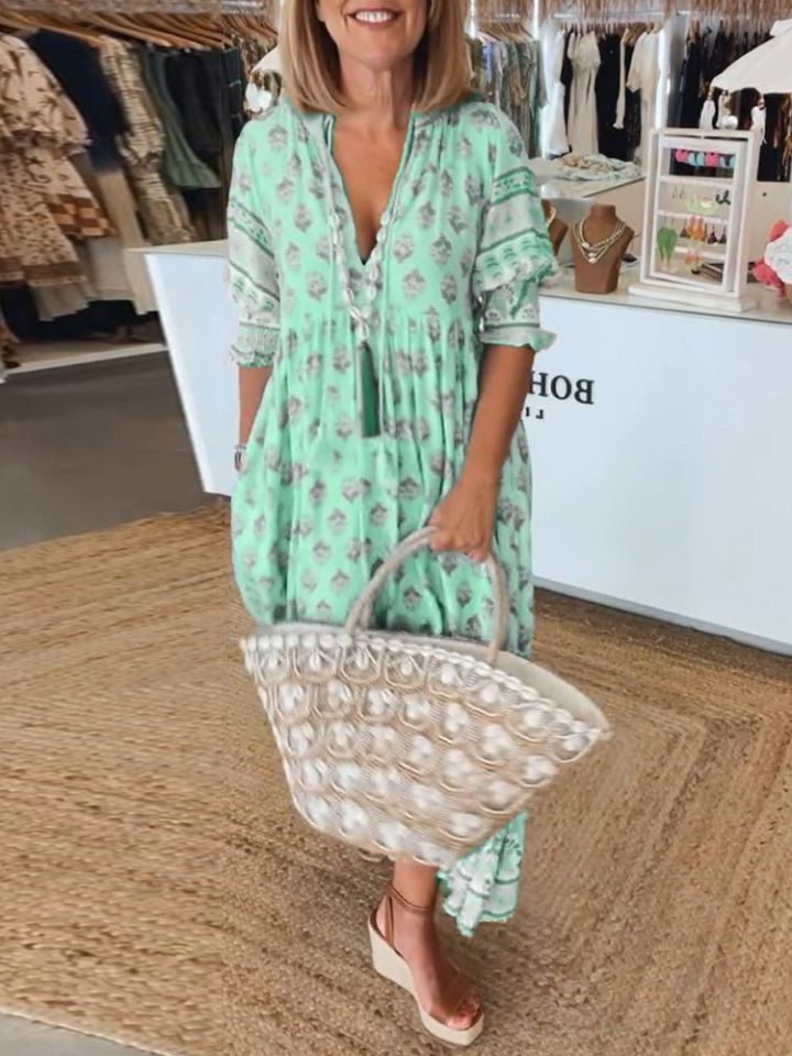 Sanne | Women's Cotton Boho Print V-neck Maxi Dress