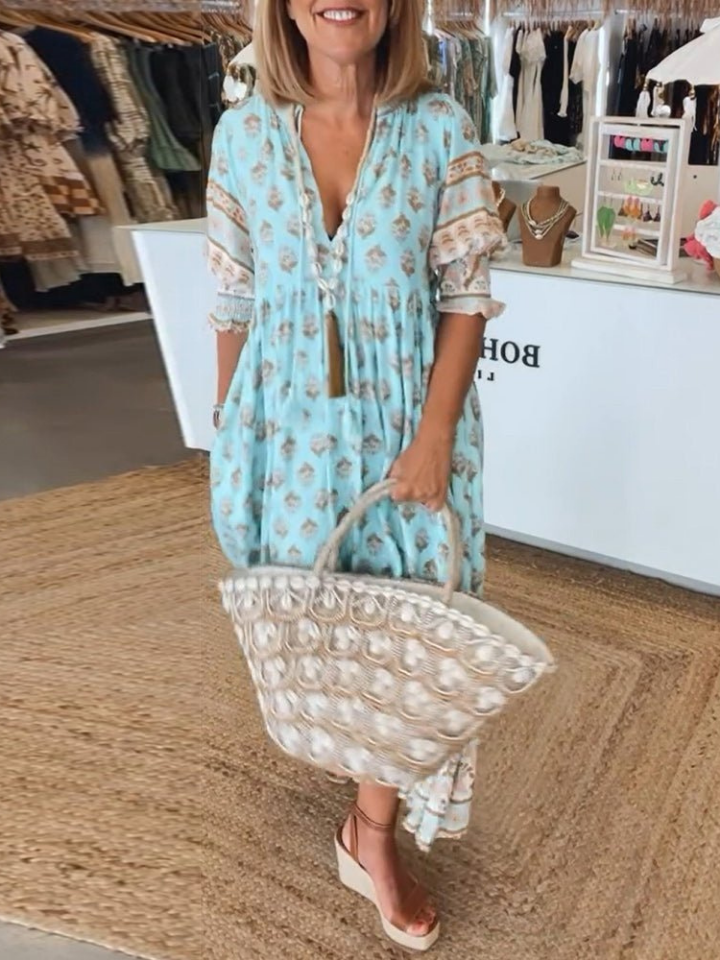 Sanne | Women's Cotton Boho Print V-neck Maxi Dress