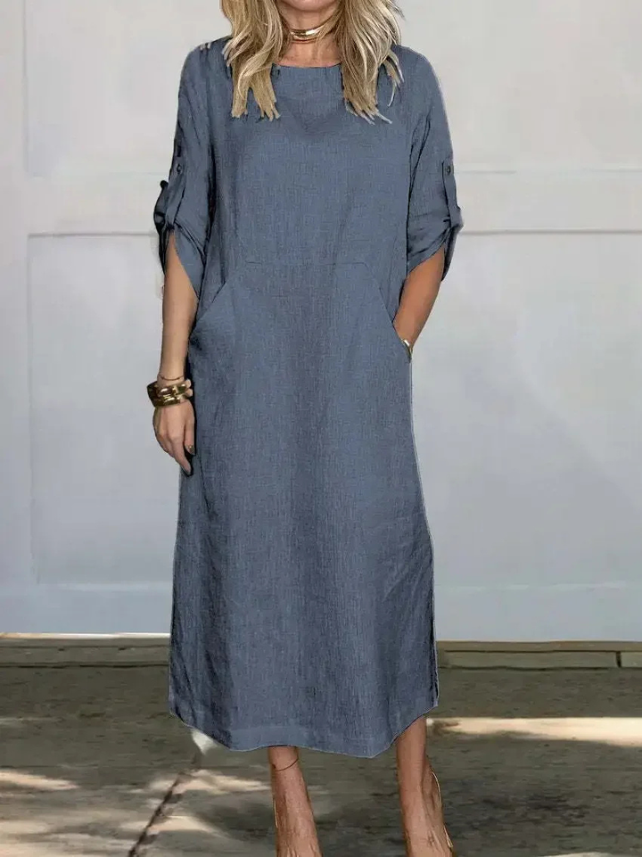 Sanne | Women's Linen Roll-Sleeve Midi Dress