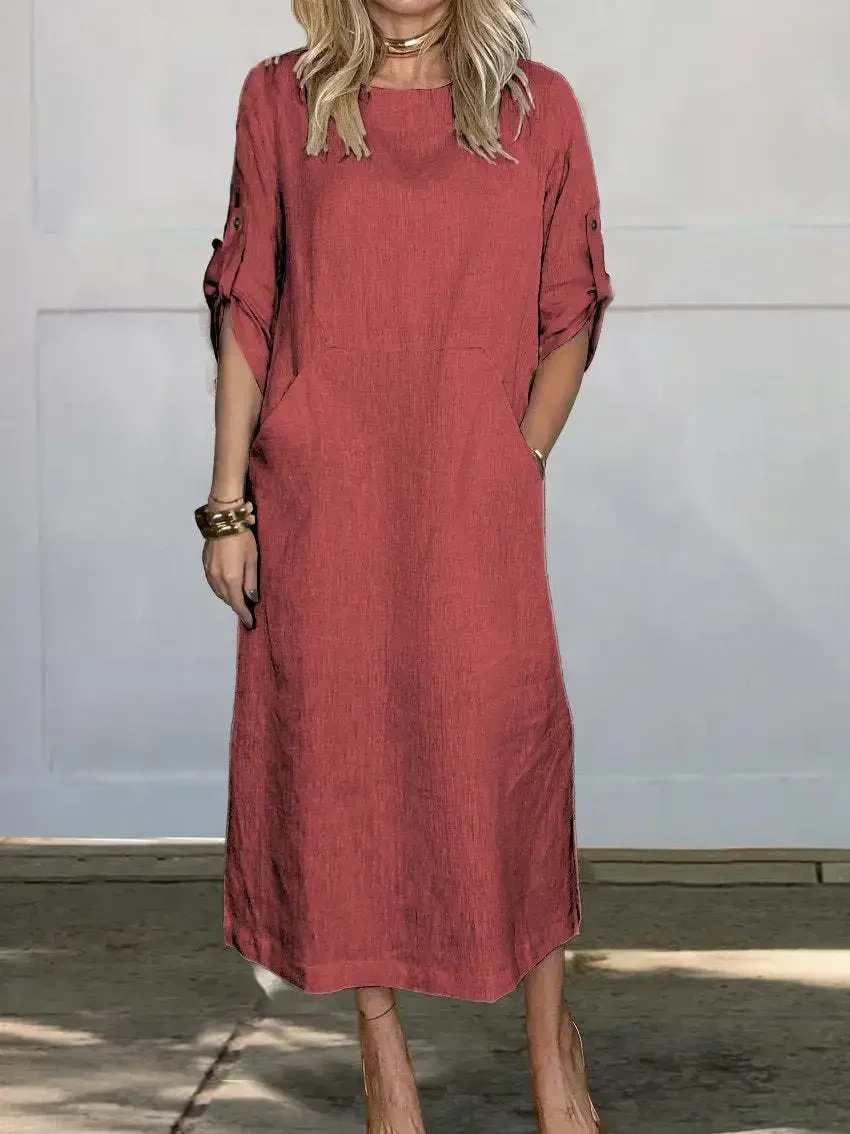 Sanne | Women's Linen Roll-Sleeve Midi Dress