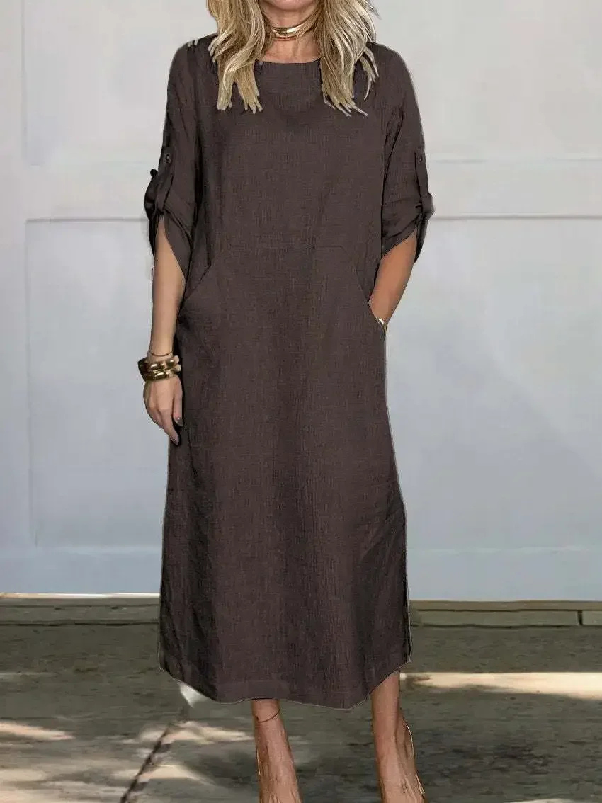 Sanne | Women's Linen Roll-Sleeve Midi Dress