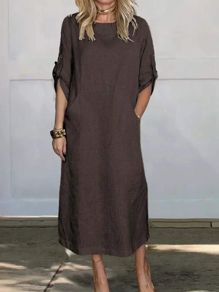Sanne | Women's Linen Roll-Sleeve Midi Dress