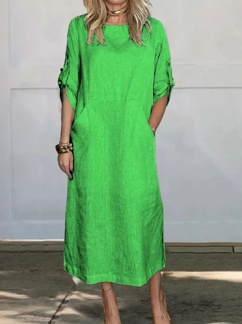 Sanne | Women's Linen Roll-Sleeve Midi Dress