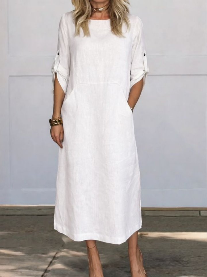 Sanne | Women's Linen Roll-Sleeve Midi Dress