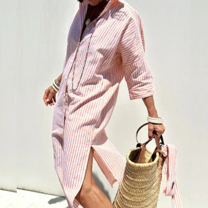 Sanne | Women's Linen Striped Button-Down Shirt Dress