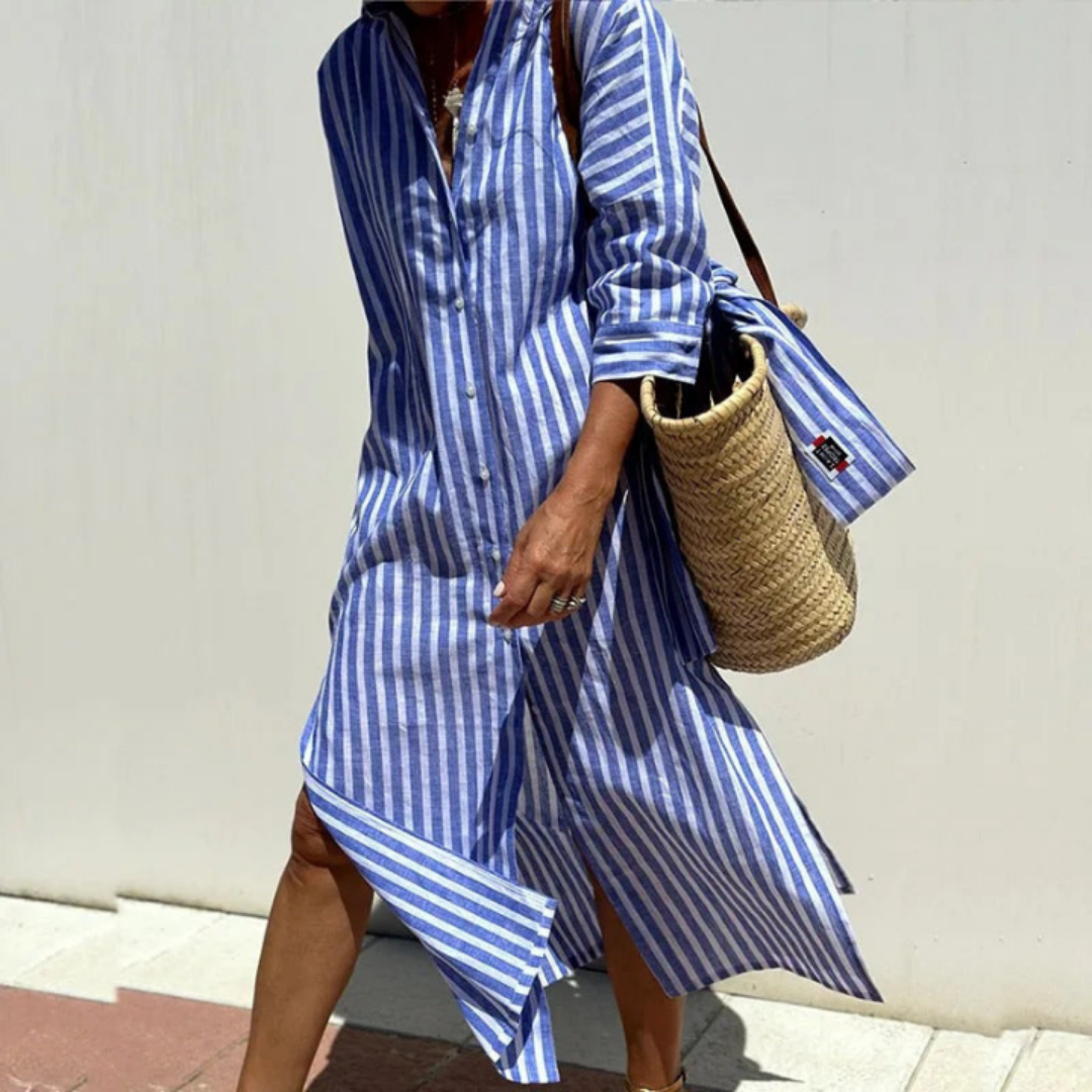 Sanne | Women's Linen Striped Button-Down Shirt Dress