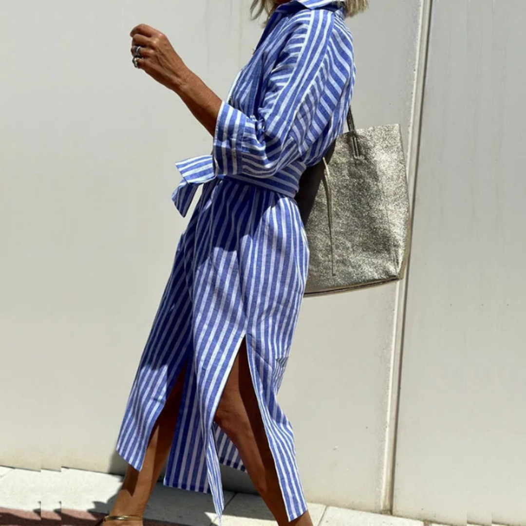 Sanne | Women's Linen Striped Button-Down Shirt Dress