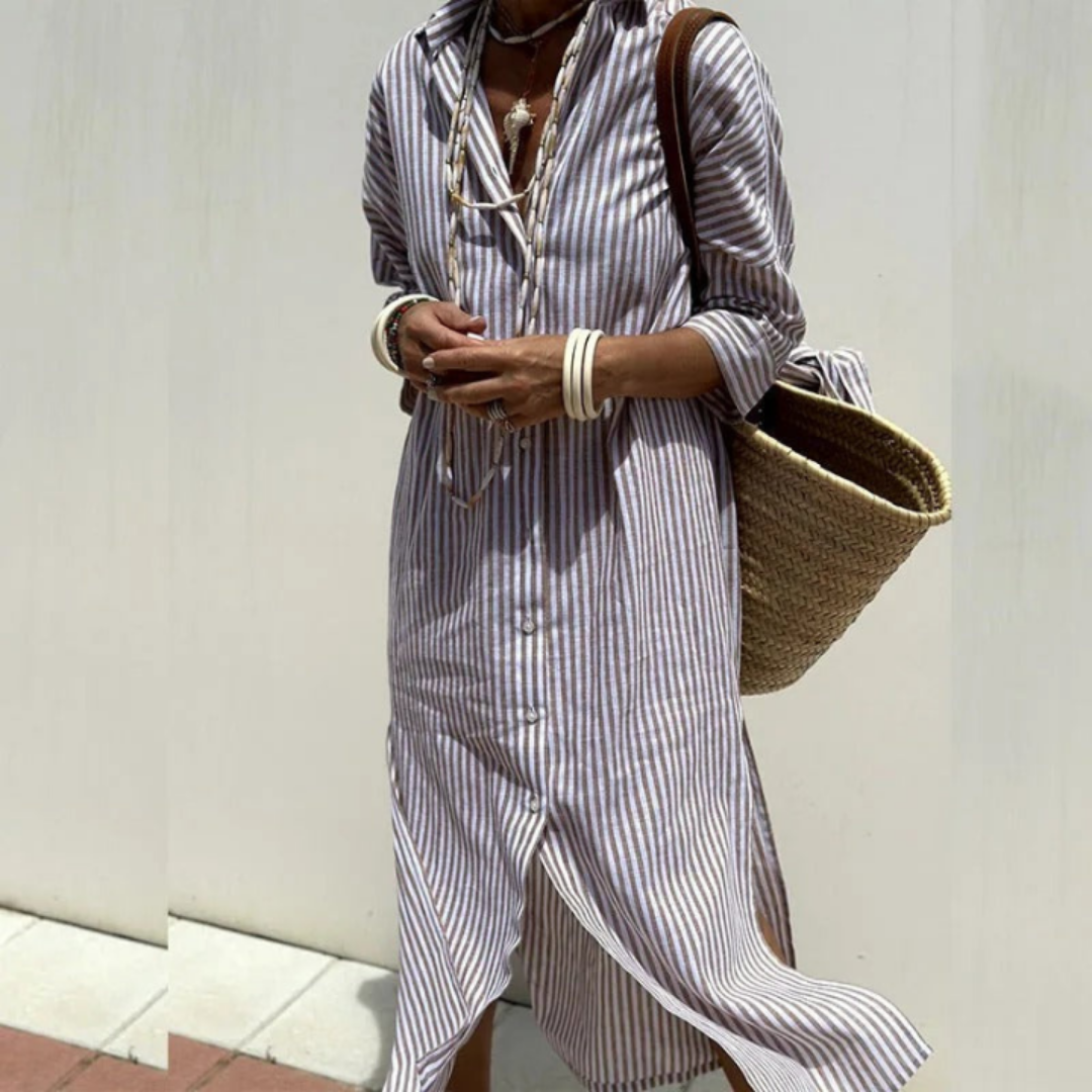 Sanne | Women's Linen Striped Button-Down Shirt Dress