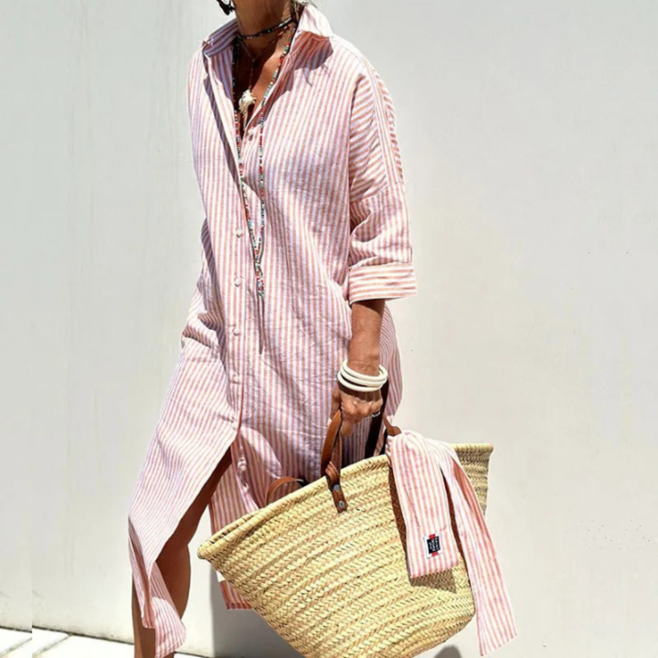 Sanne | Women's Linen Striped Button-Down Shirt Dress