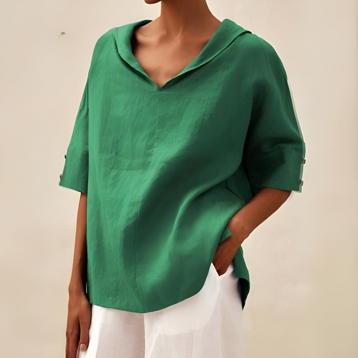 Sanne | Women's Linen V-Neck Oversized Short Sleeve Top