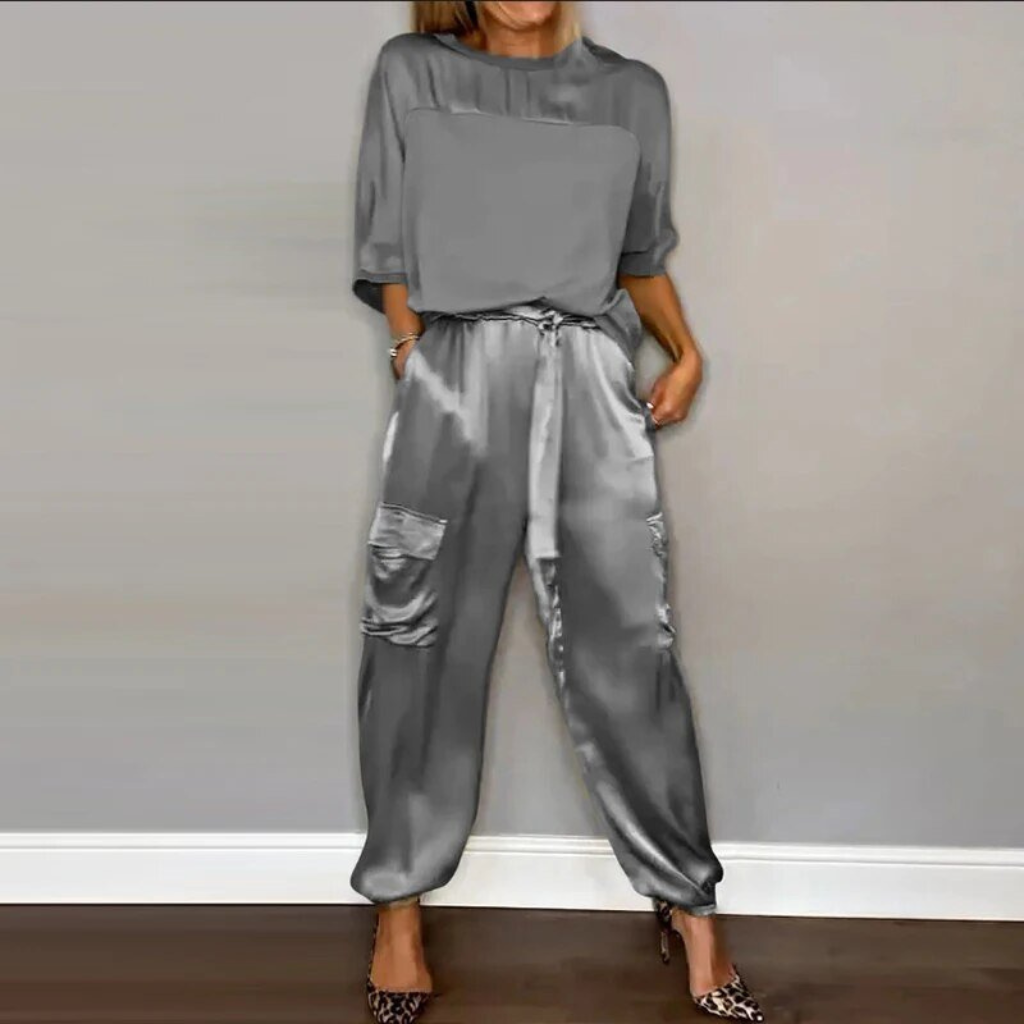 Sanne | Women's Satin Cargo Trouser and Tee Two Piece Set