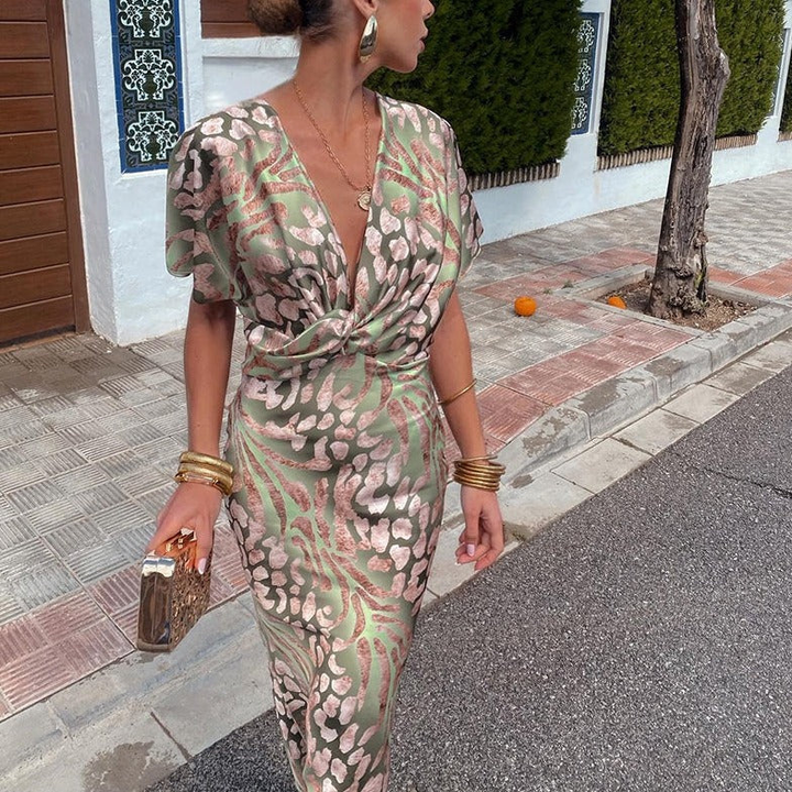 Saskia | Women's Green Satin Animal Print Twist-Front Maxi Dress