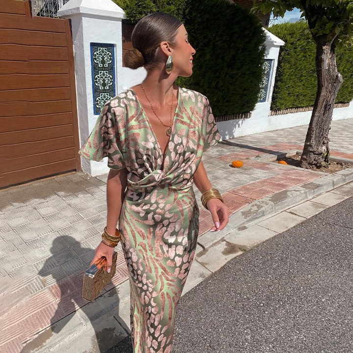 Saskia | Women's Green Satin Animal Print Twist-Front Maxi Dress
