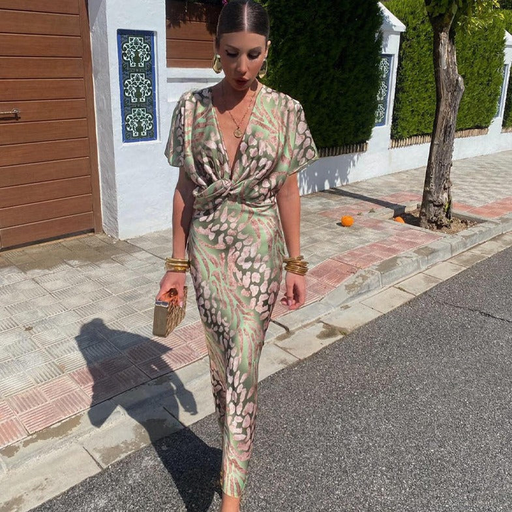 Saskia | Women's Green Satin Animal Print Twist-Front Maxi Dress