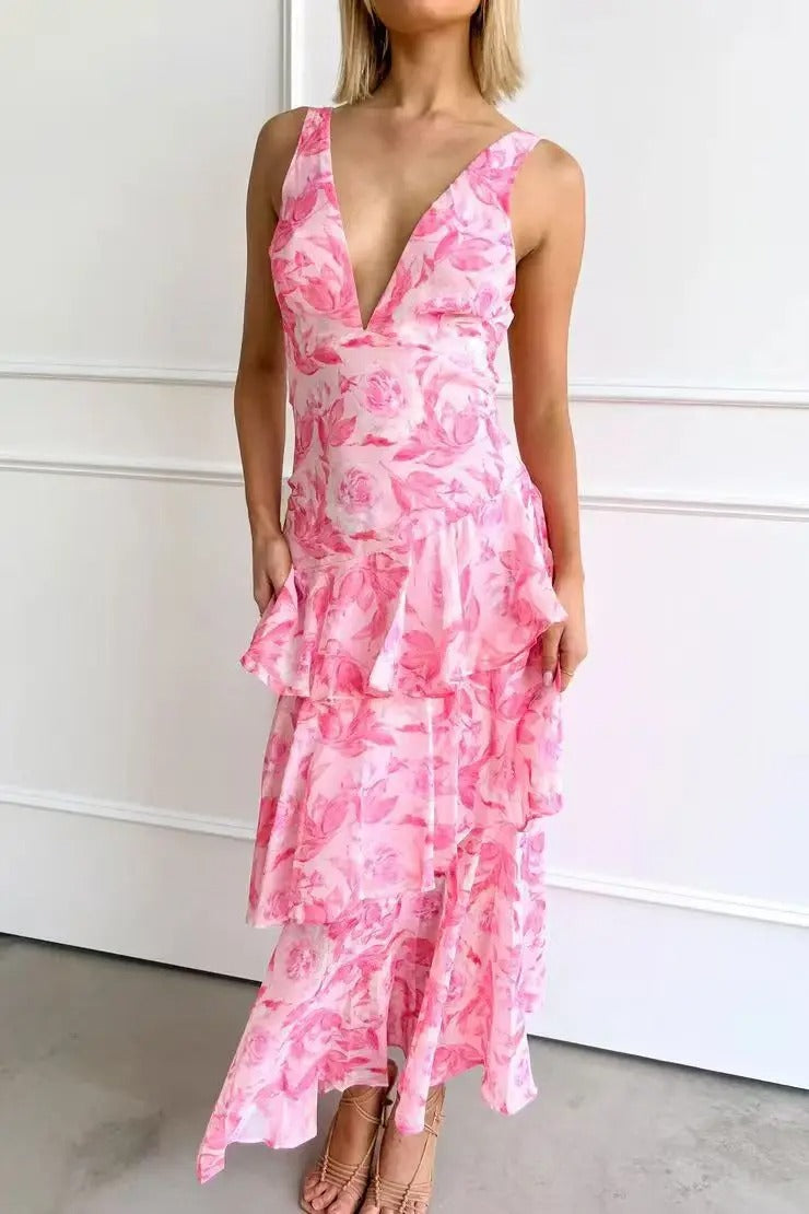 Talia's Ocean Layers | Tiered V-Neck Maxi Dress