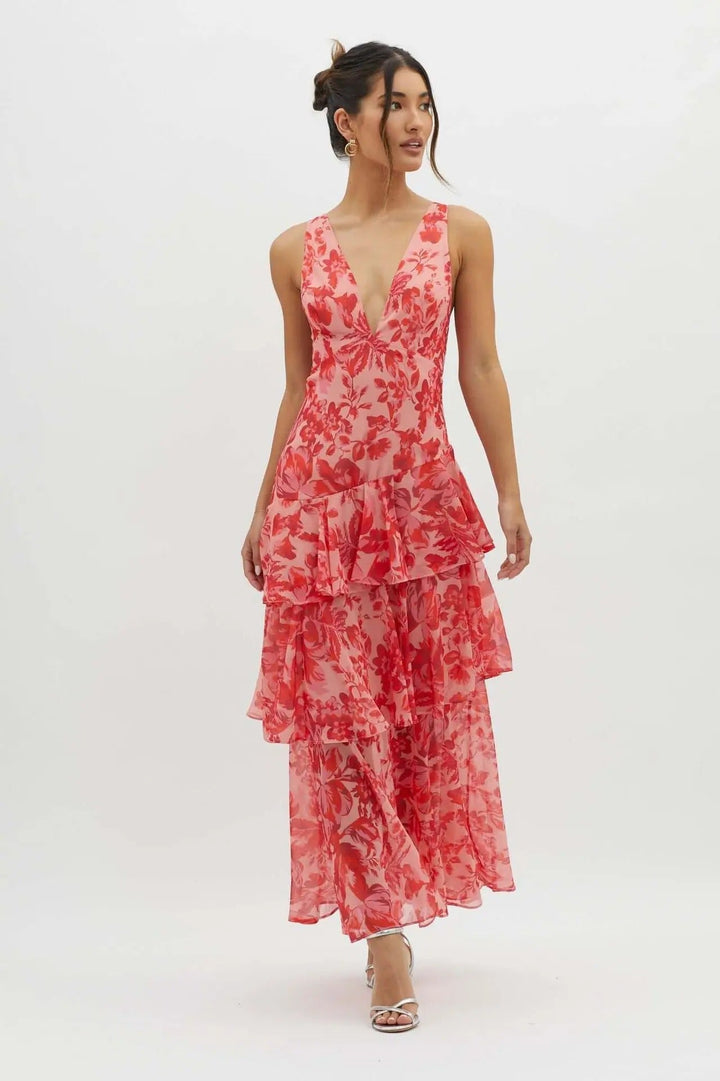 Talia's Ocean Layers | Tiered V-Neck Maxi Dress