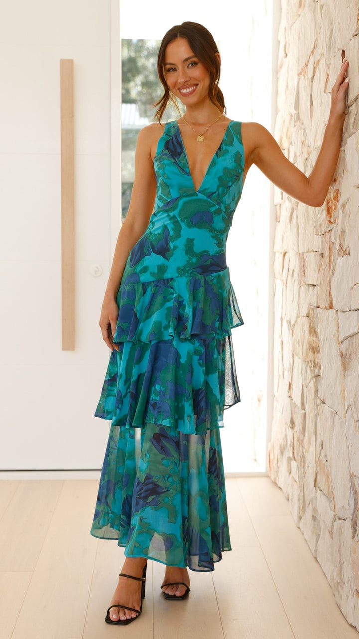 Talia's Ocean Layers | Tiered V-Neck Maxi Dress