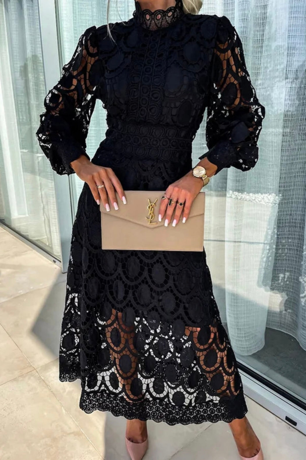 Seraphina | Women's Cotton Lace Crochet High Neck Midi Dress