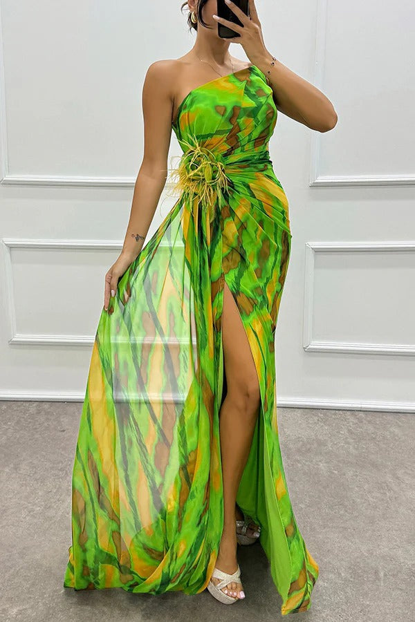 Seraphine | Women's Chiffon One-Shoulder Feather-Trim Maxi Dress