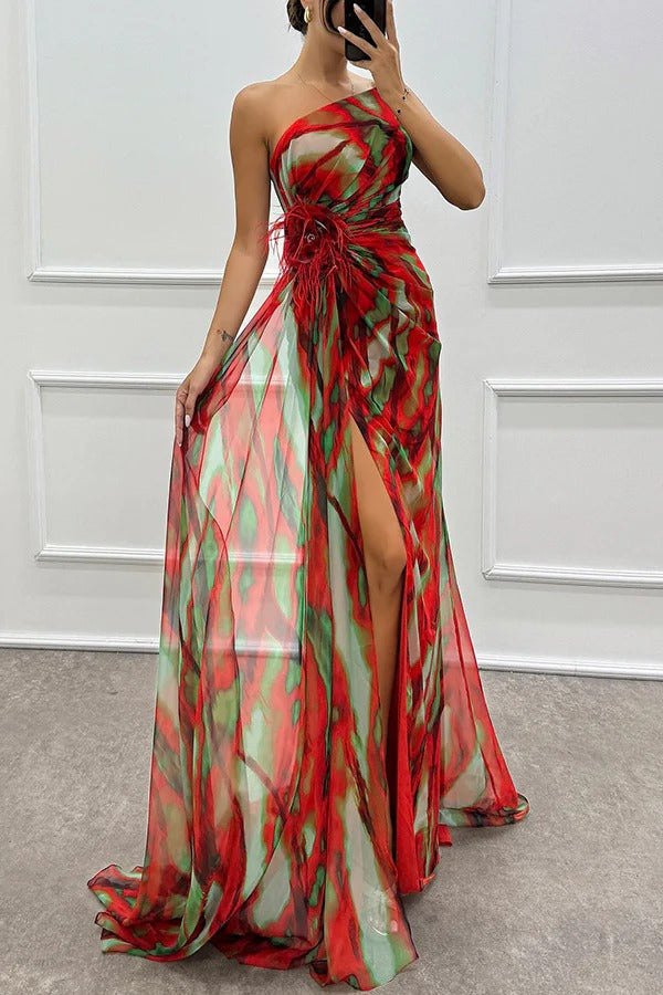 Seraphine | Women's Chiffon One-Shoulder Feather-Trim Maxi Dress