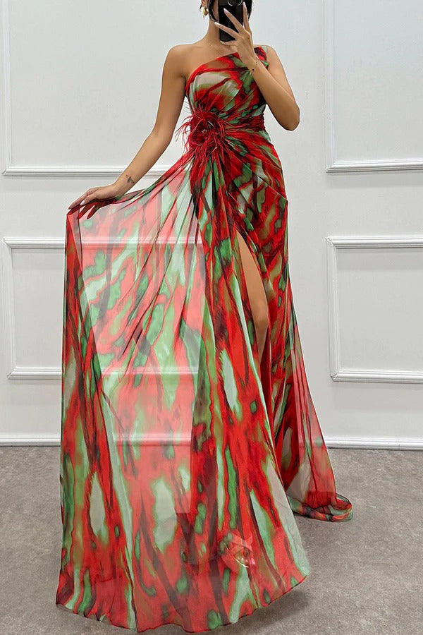 Seraphine | Women's Chiffon One-Shoulder Feather-Trim Maxi Dress