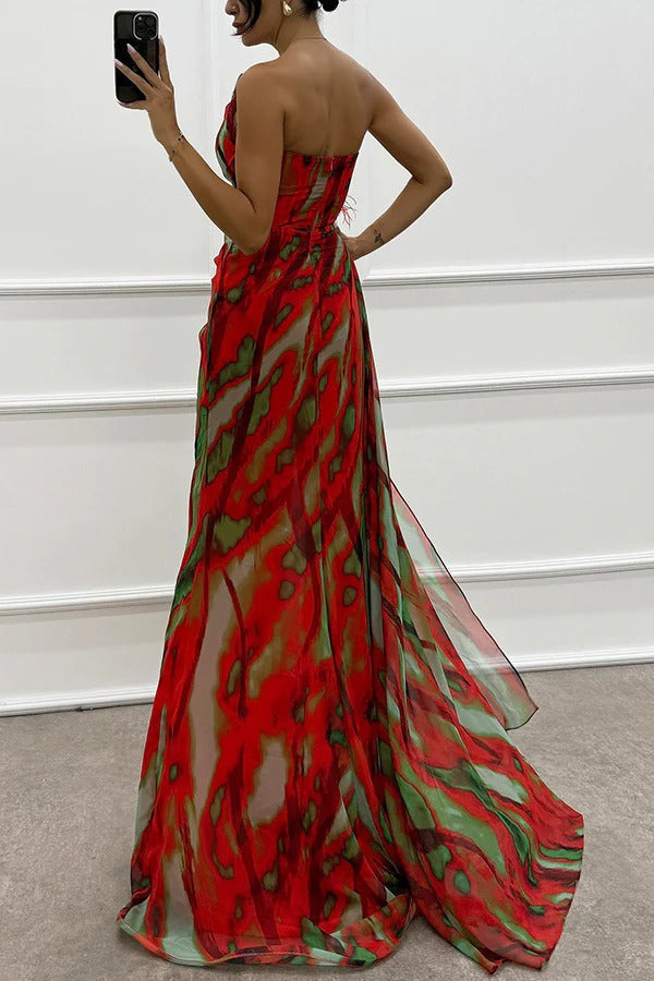 Seraphine | Women's Chiffon One-Shoulder Feather-Trim Maxi Dress