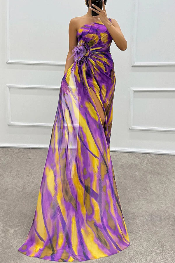 Seraphine | Women's Chiffon One-Shoulder Feather-Trim Maxi Dress